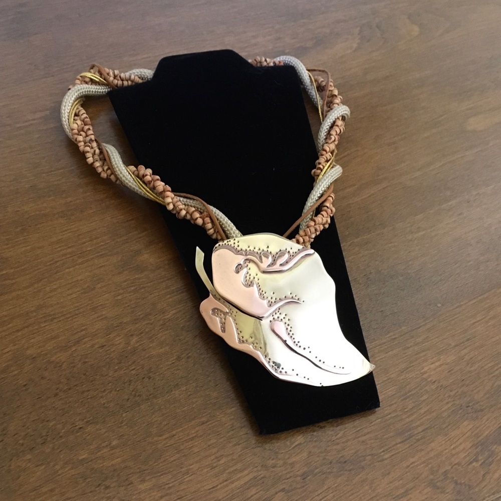 Vintage 70’s Hand Crafted Mixed Metal Statement Leaf Pendant with Cork Necklace